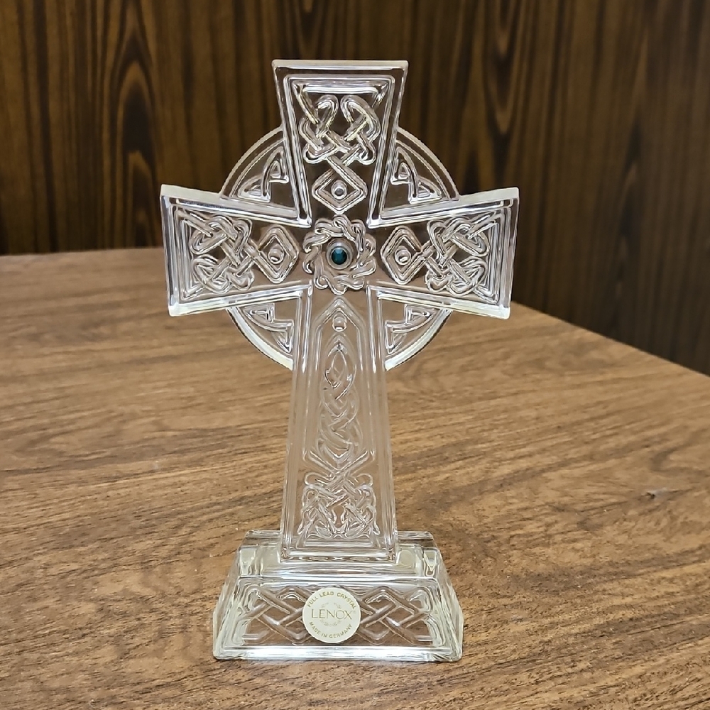 Vintage Lenox glass jeweled crystal Celtic Cross with Green Gem on both …